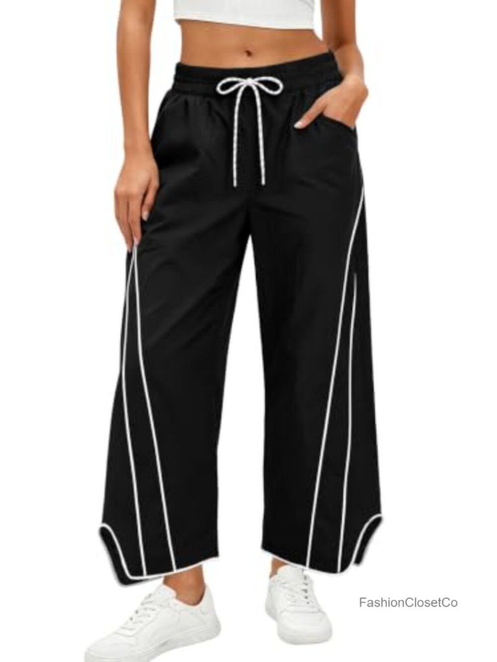 Wide Leg Striped Track Pants Baggy Loose Fit Drawstring Waist Pockets Y2K